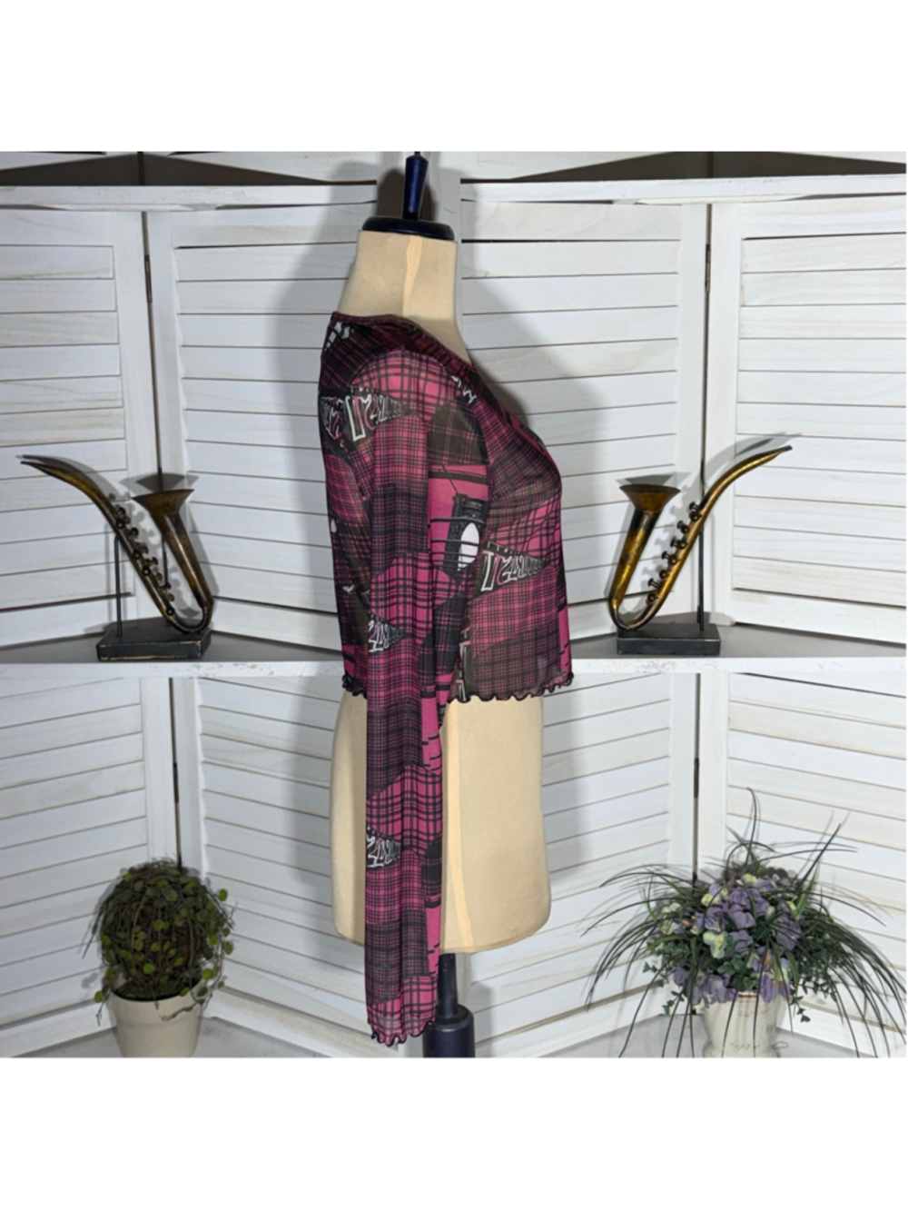 NWOT Social Tourist mesh crop top Hollister plaid long sleeves punk alt grunge M - Picture 3 of 11
